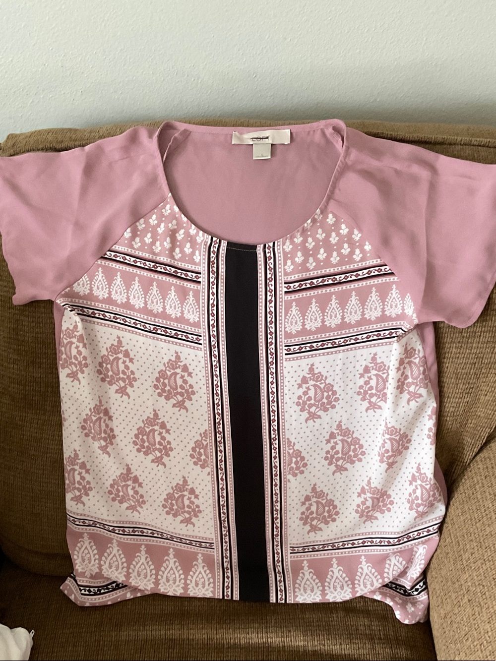 LOFT Pink Printed Short Sleeve Blouse with Black Center Panel